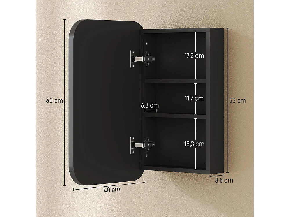 Armoire à miroir de salle de bain armoire murale avec étagère réglable 40 x 10 x 60 cm noir