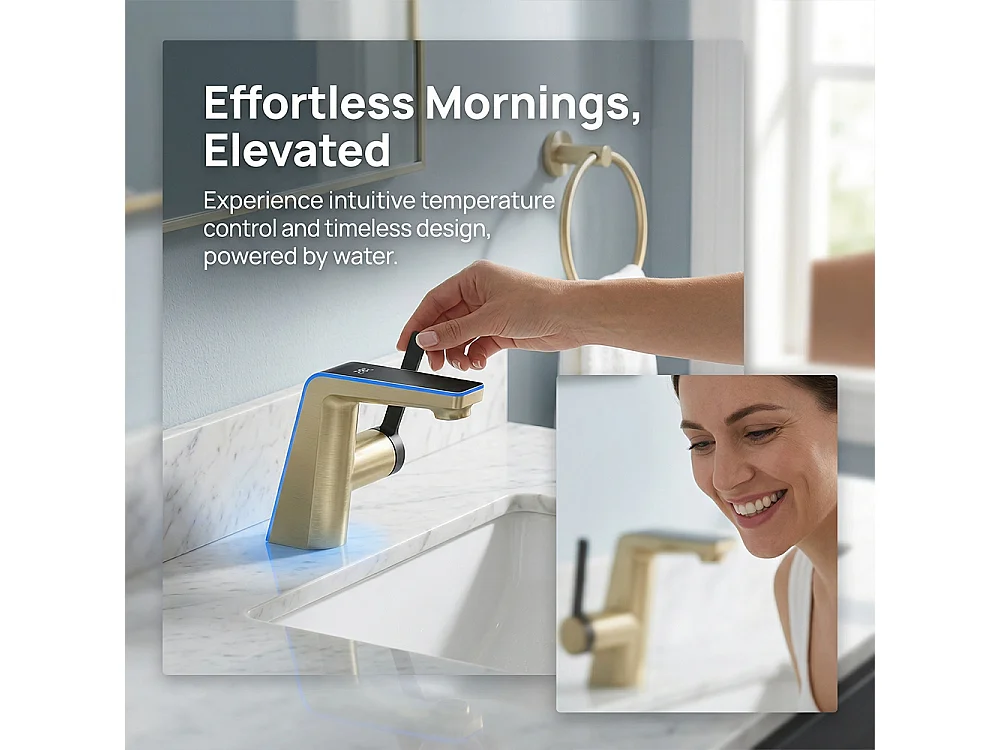 Robinet de salle de bain LED digital pour lavabo monocommande style technologique Doré