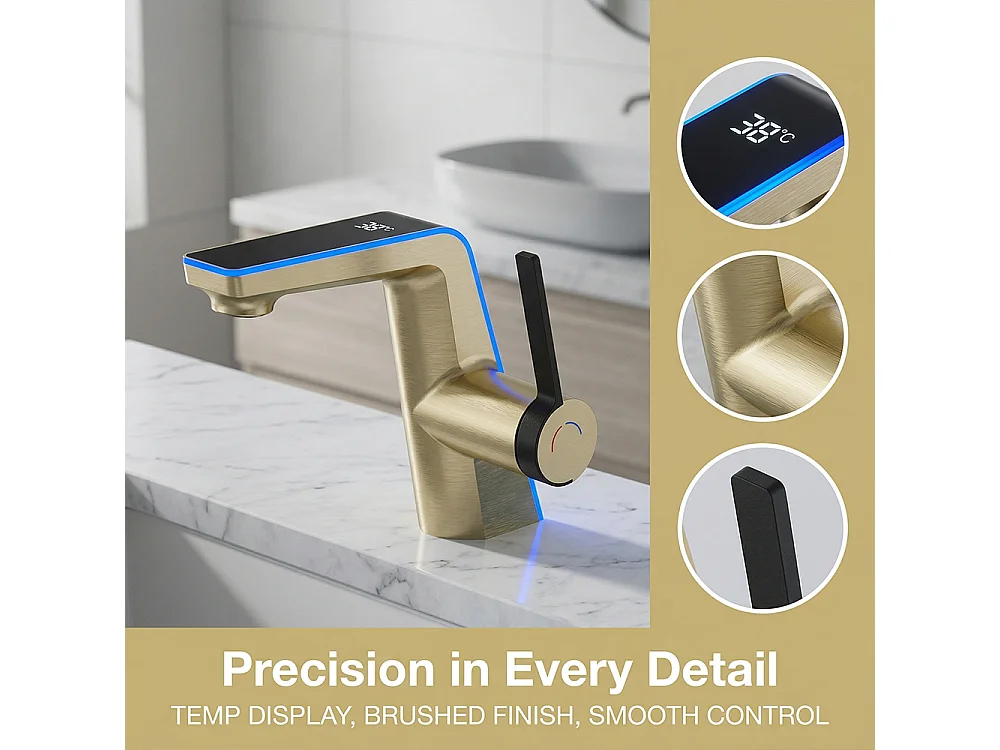 Robinet de salle de bain LED digital pour lavabo monocommande style technologique Doré