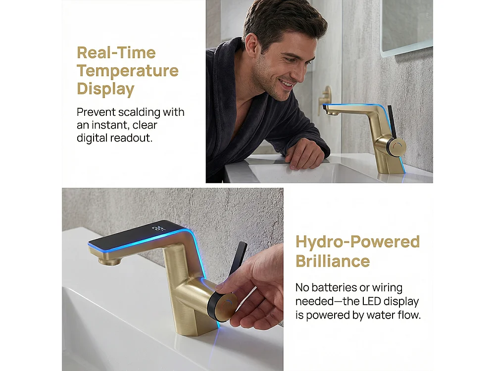 Robinet de salle de bain LED digital pour lavabo monocommande style technologique Doré