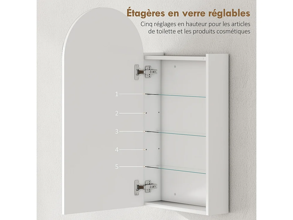 Armoire à miroir arquée de salle de bain avec étagères en verre réglables Blanche