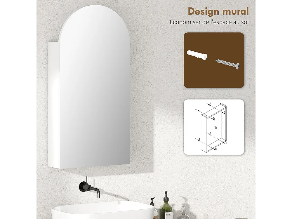 Armoire à miroir arquée de salle de bain avec étagères en verre réglables Blanche