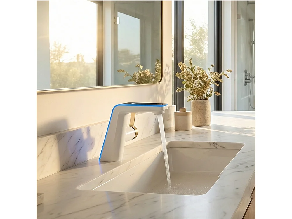 Robinet de salle de bain LED digital pour lavabo monocommande style technologique Blanc