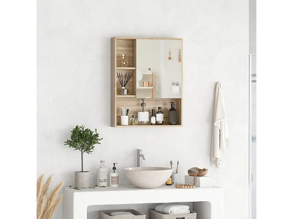 Armoire murale salle de bain avec miroir meuble salle de bain 5 compartiments et étagère réglable 60x15x76cm chêne