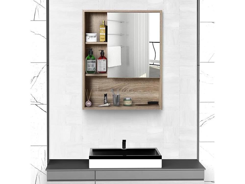 Armoire murale salle de bain avec miroir meuble salle de bain 5 compartiments et étagère réglable 60x15x76cm chêne