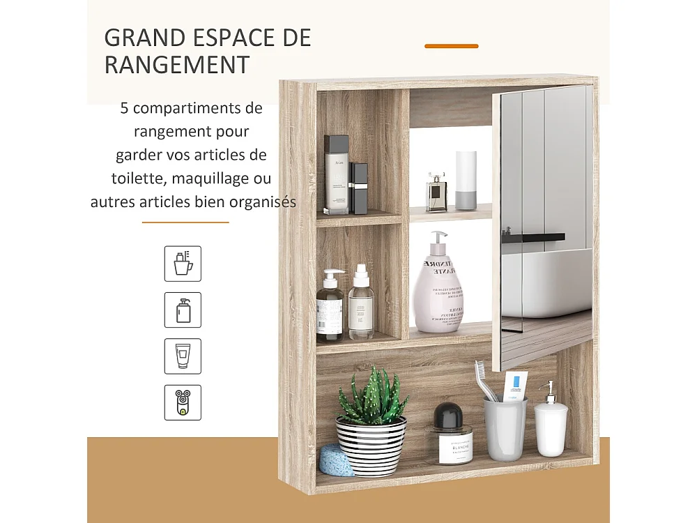 Armoire murale salle de bain avec miroir meuble salle de bain 5 compartiments et étagère réglable 60x15x76cm chêne
