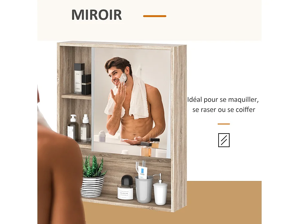 Armoire murale salle de bain avec miroir meuble salle de bain 5 compartiments et étagère réglable 60x15x76cm chêne