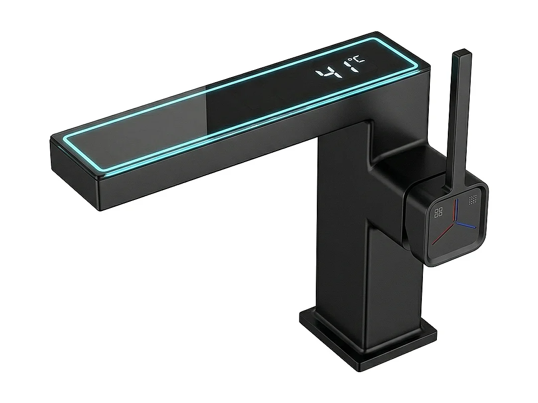 Robinet de salle de bain LED digital pour lavabo monocommande en Laiton style technologique Noir