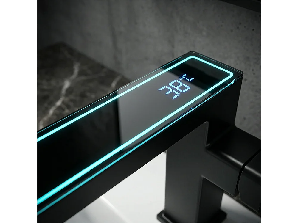 Robinet de salle de bain LED digital pour lavabo monocommande en Laiton style technologique Noir