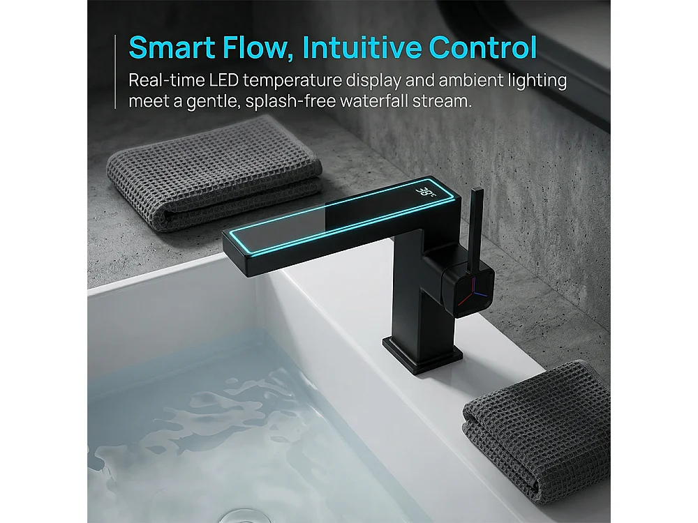 Robinet de salle de bain LED digital pour lavabo monocommande en Laiton style technologique Noir