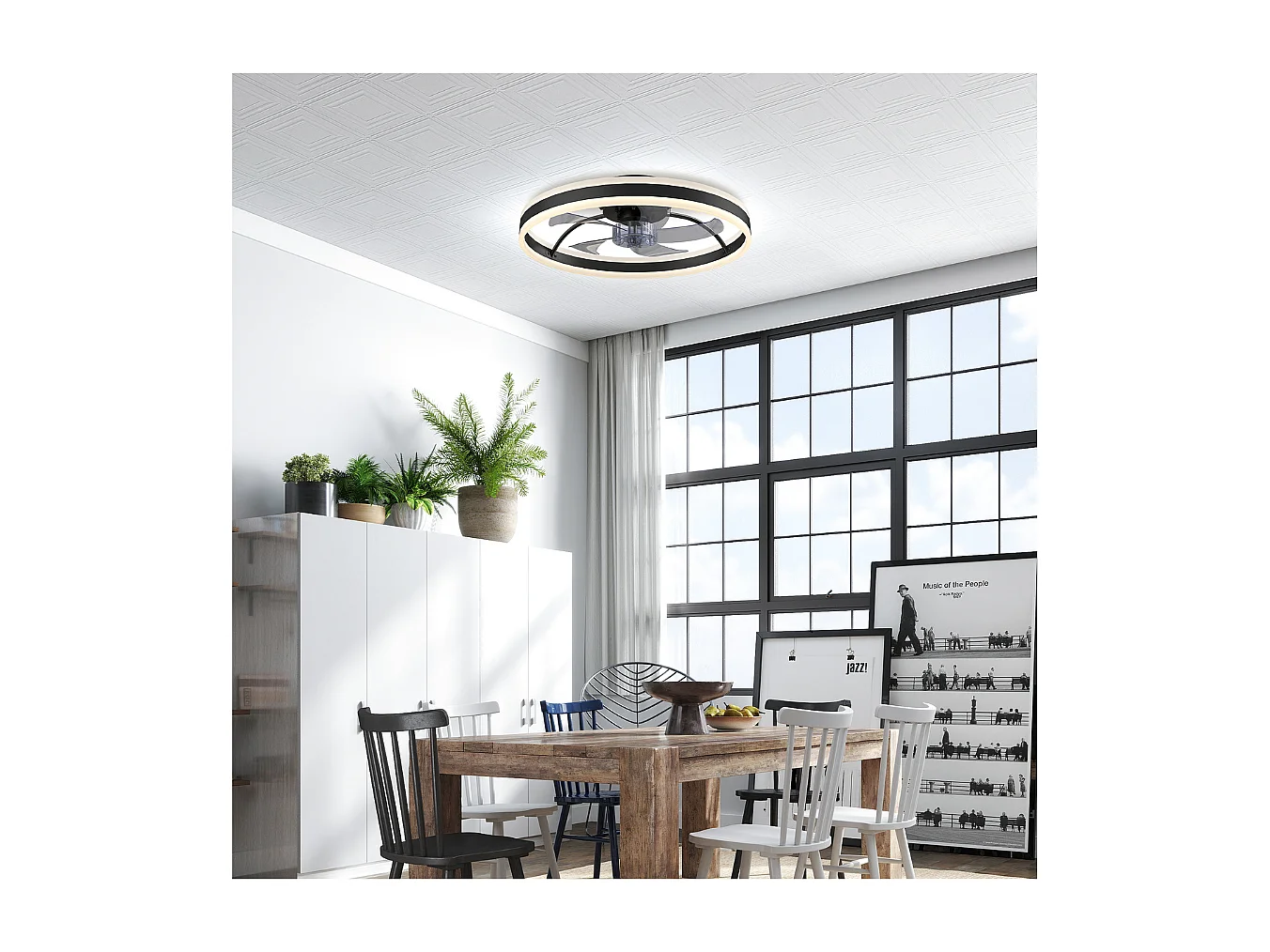 Ventilateur de plafond avec lumière et télécommande, plafonnier ventilateur 50 cm avec 6 vitesses, noir