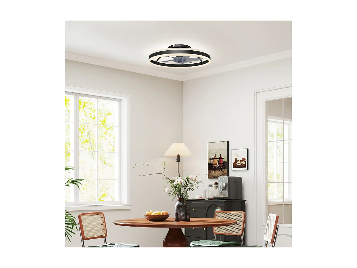 Ventilateur de plafond avec lumière et télécommande, plafonnier ventilateur 50 cm avec 6 vitesses, noir