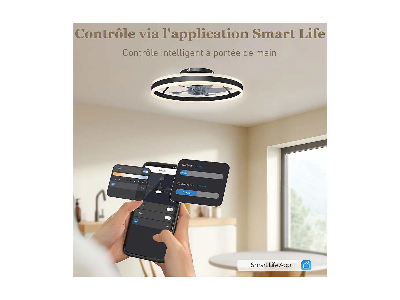 Ventilateur de plafond avec lumière et télécommande, plafonnier ventilateur 50 cm avec 6 vitesses, noir