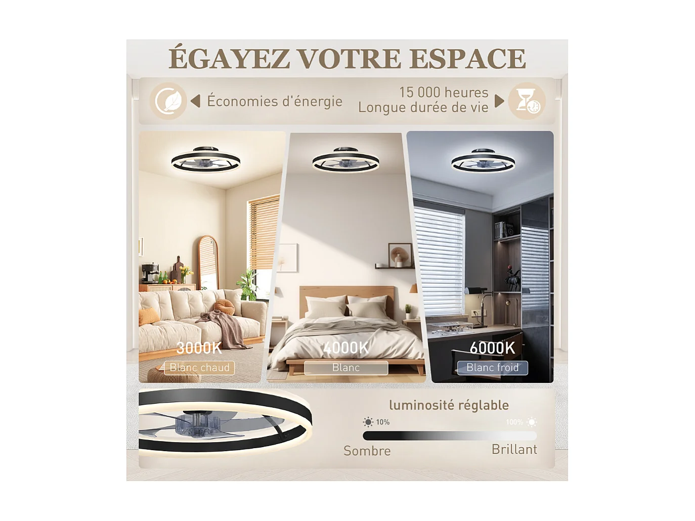 Ventilateur de plafond avec lumière et télécommande, plafonnier ventilateur 50 cm avec 6 vitesses, noir