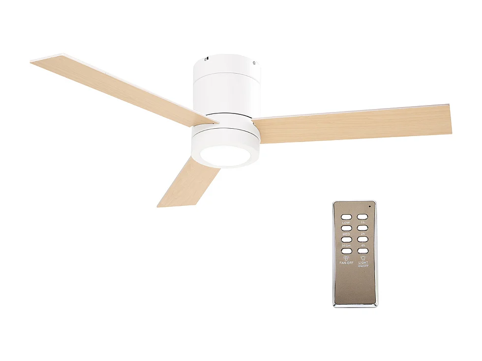 Ventilateur de plafond 2 en 1 avec lumière LED 3 vitesses silencieux télécommande diamètre 112cm naturel et blanc