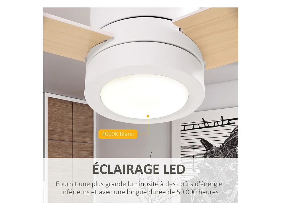 Ventilateur de plafond 2 en 1 avec lumière LED 3 vitesses silencieux télécommande diamètre 112cm naturel et blanc