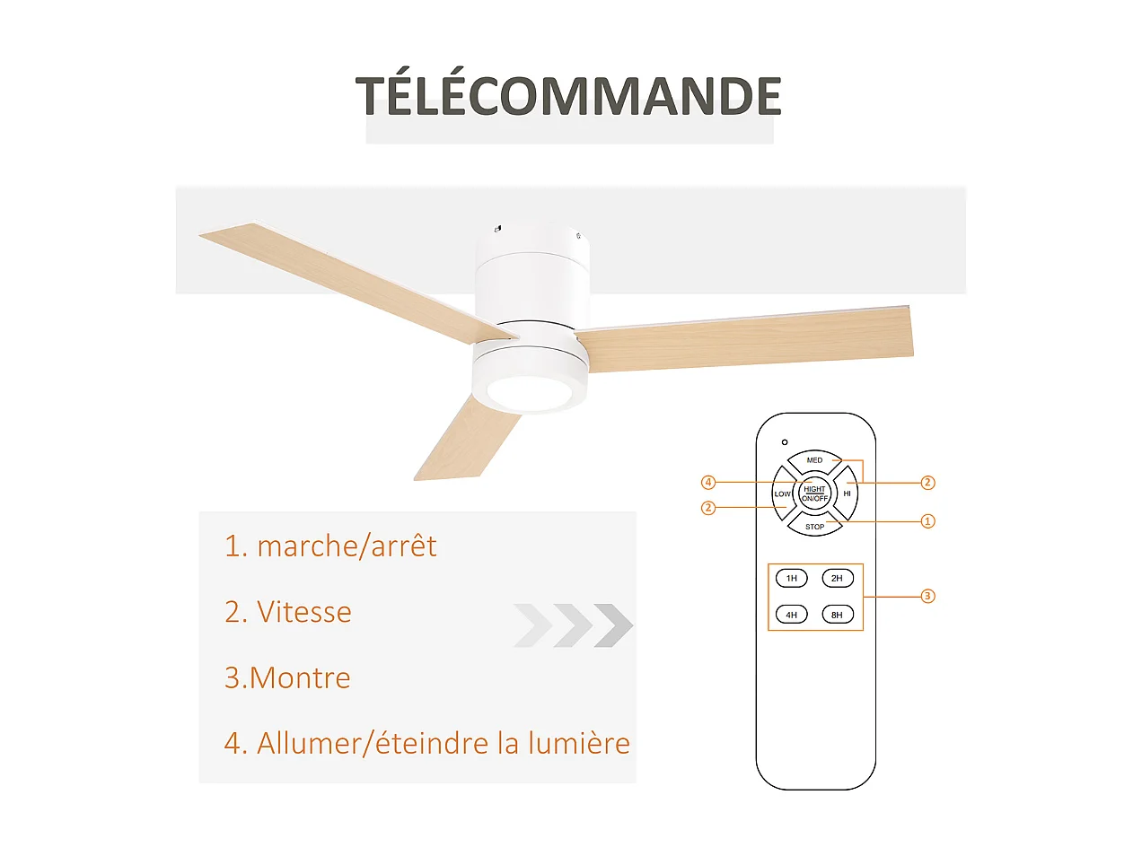 Ventilateur de plafond 2 en 1 avec lumière LED 3 vitesses silencieux télécommande diamètre 112cm naturel et blanc