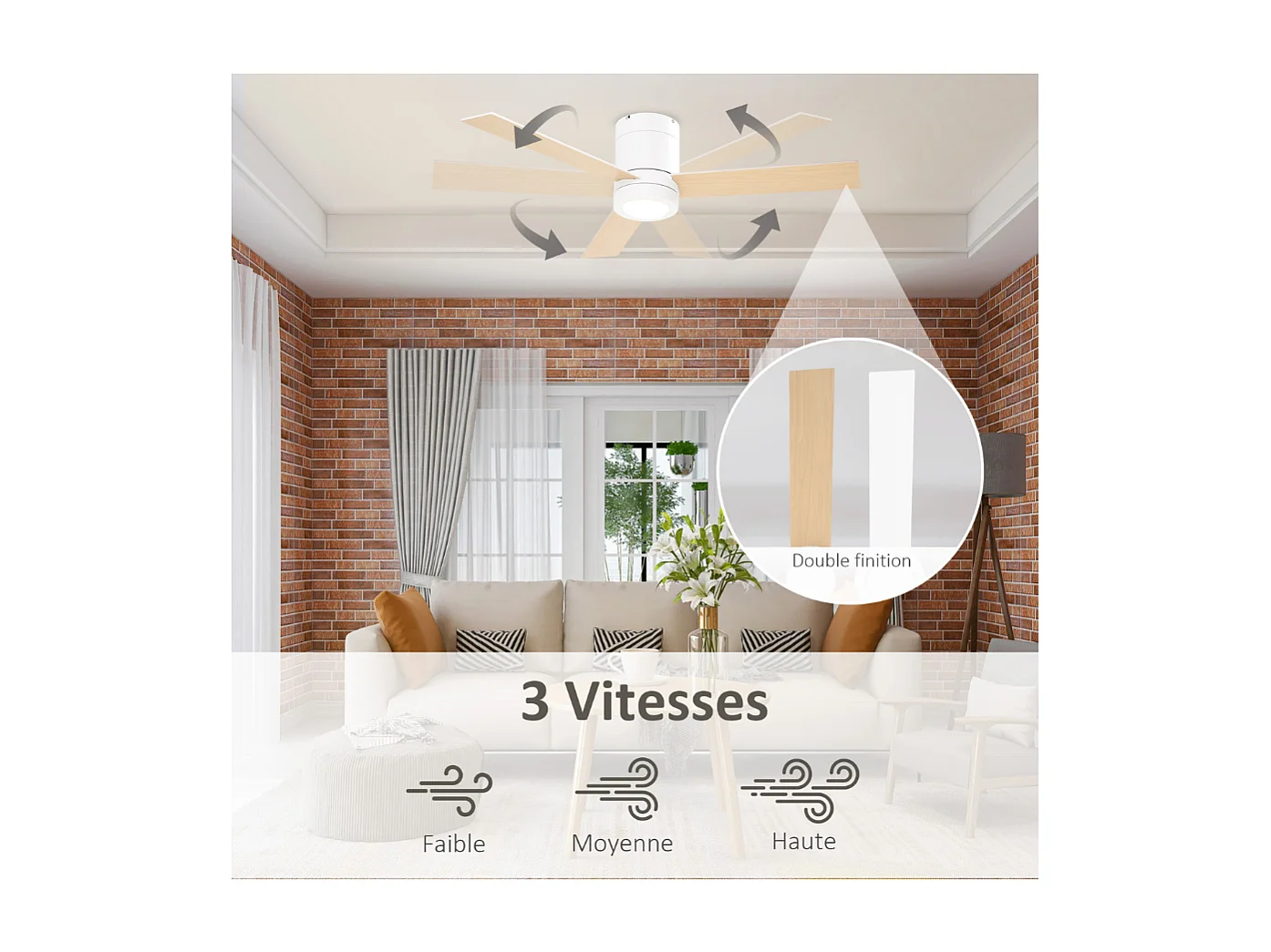 Ventilateur de plafond 2 en 1 avec lumière LED 3 vitesses silencieux télécommande diamètre 112cm naturel et blanc