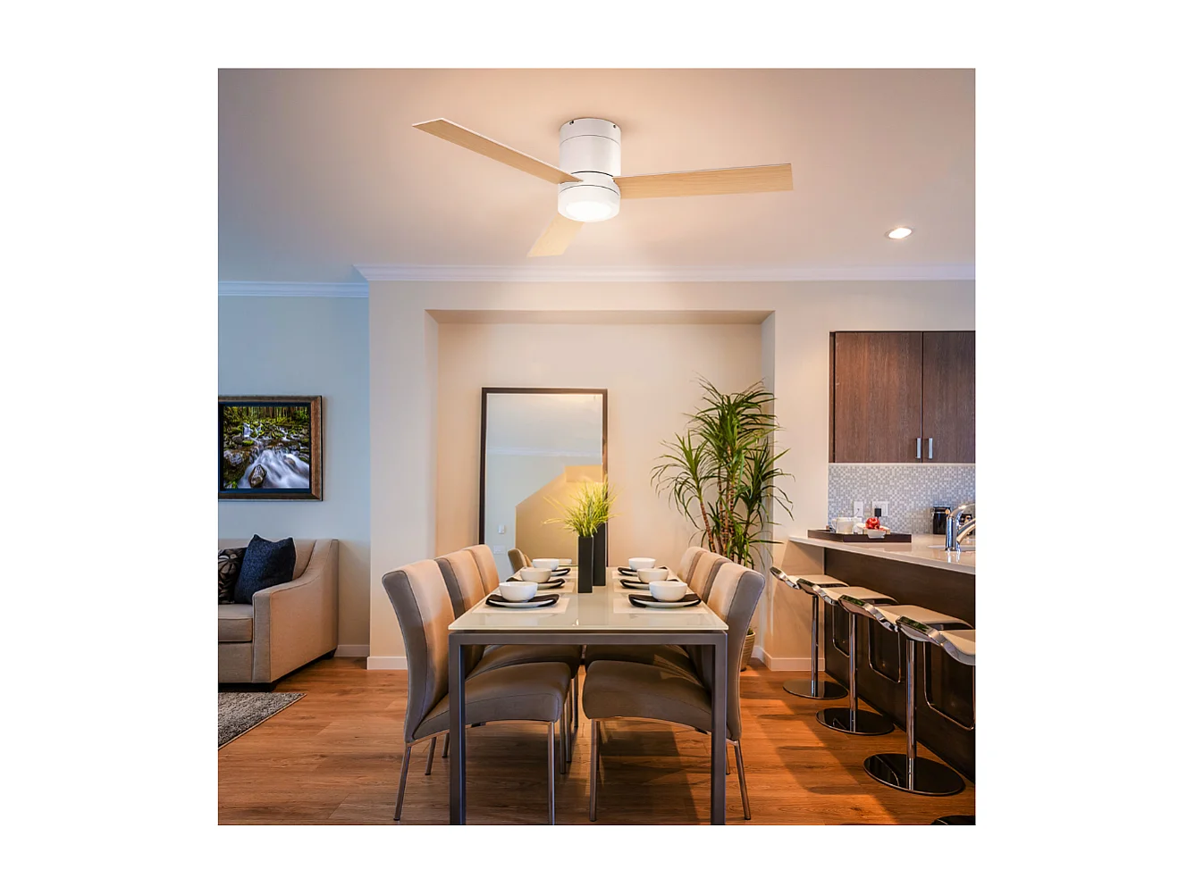 Ventilateur de plafond 2 en 1 avec lumière LED 3 vitesses silencieux télécommande diamètre 112cm naturel et blanc