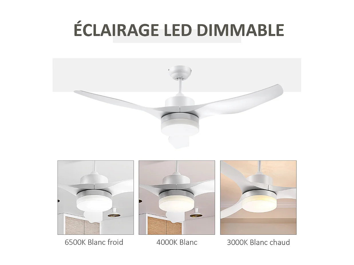 Ventilateur plafond avec lumière et télécommande 20,5 W 6 vitesses 3 couleurs d'éclairage et minuterie, 132cm blanc