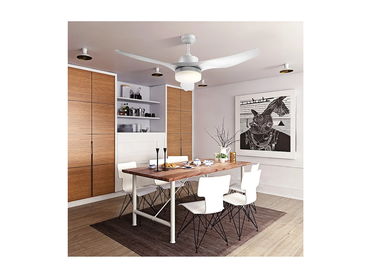 Ventilateur plafond avec lumière et télécommande 20,5 W 6 vitesses 3 couleurs d'éclairage et minuterie, 132cm blanc