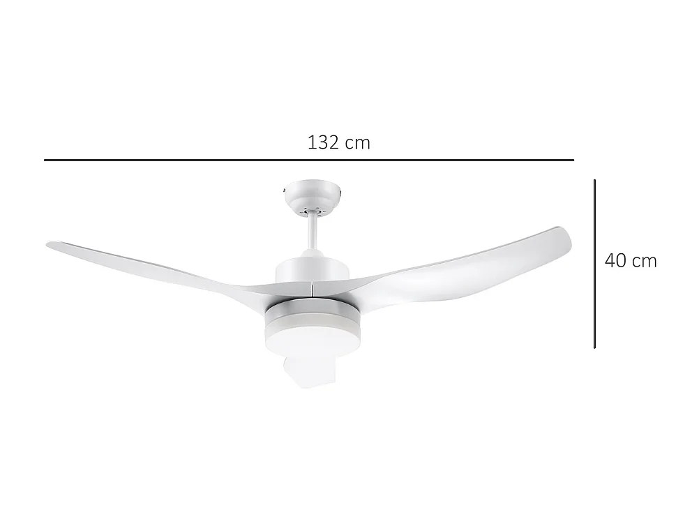 Ventilateur plafond avec lumière et télécommande 20,5 W 6 vitesses 3 couleurs d'éclairage et minuterie, 132cm blanc