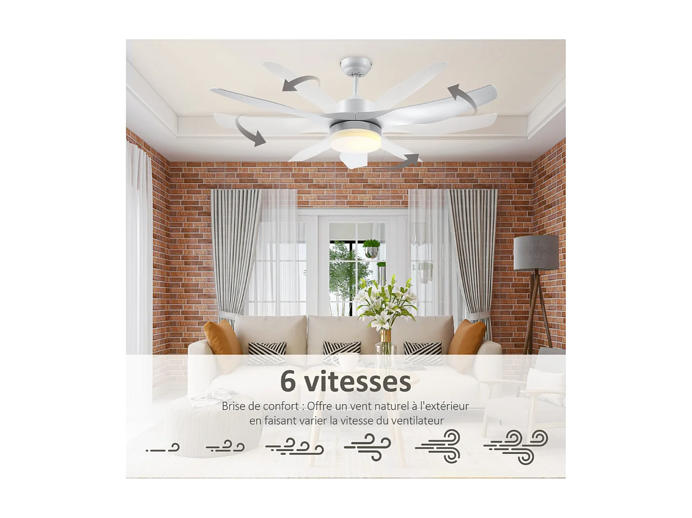 Ventilateur plafond avec lumière et télécommande 20,5 W 6 vitesses 3 couleurs d'éclairage et minuterie, 132cm blanc