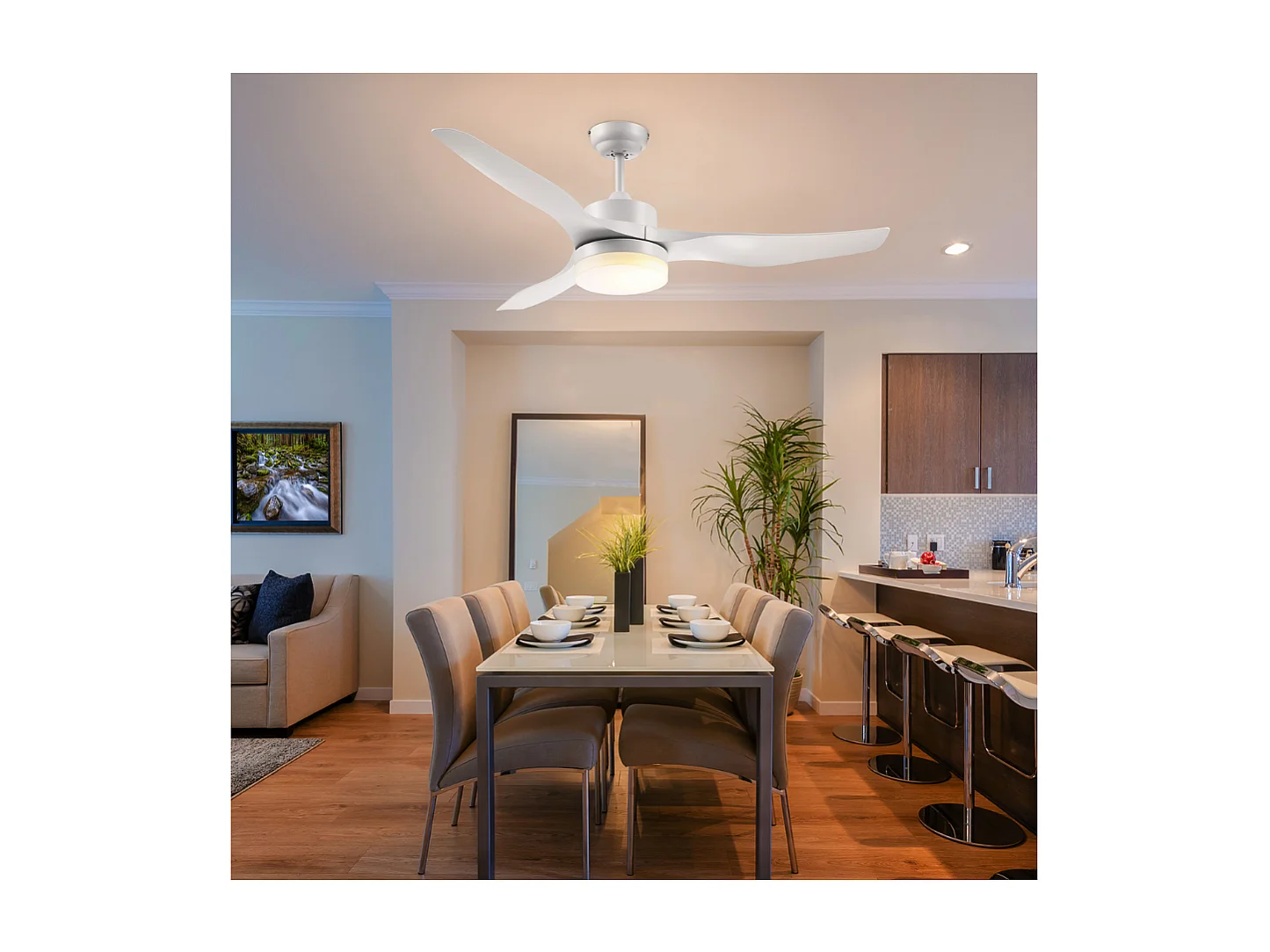 Ventilateur plafond avec lumière et télécommande 20,5 W 6 vitesses 3 couleurs d'éclairage et minuterie, 132cm blanc