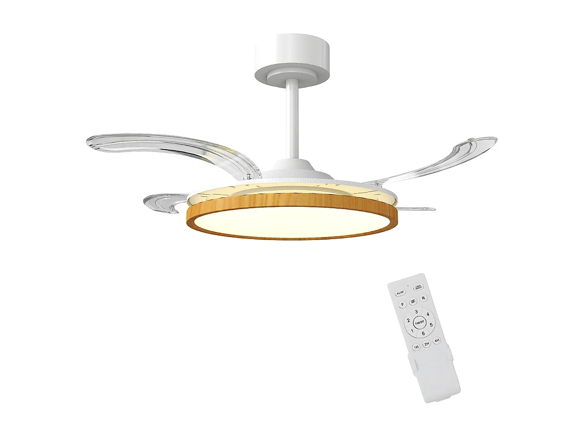 Ventilateur de plafond avec lumière et télécommande, plafonnier ventilateur 95 cm avec pales rétractables, bois naturel