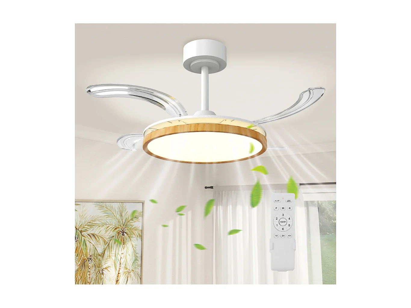 Ventilateur de plafond avec lumière et télécommande, plafonnier ventilateur 95 cm avec pales rétractables, bois naturel