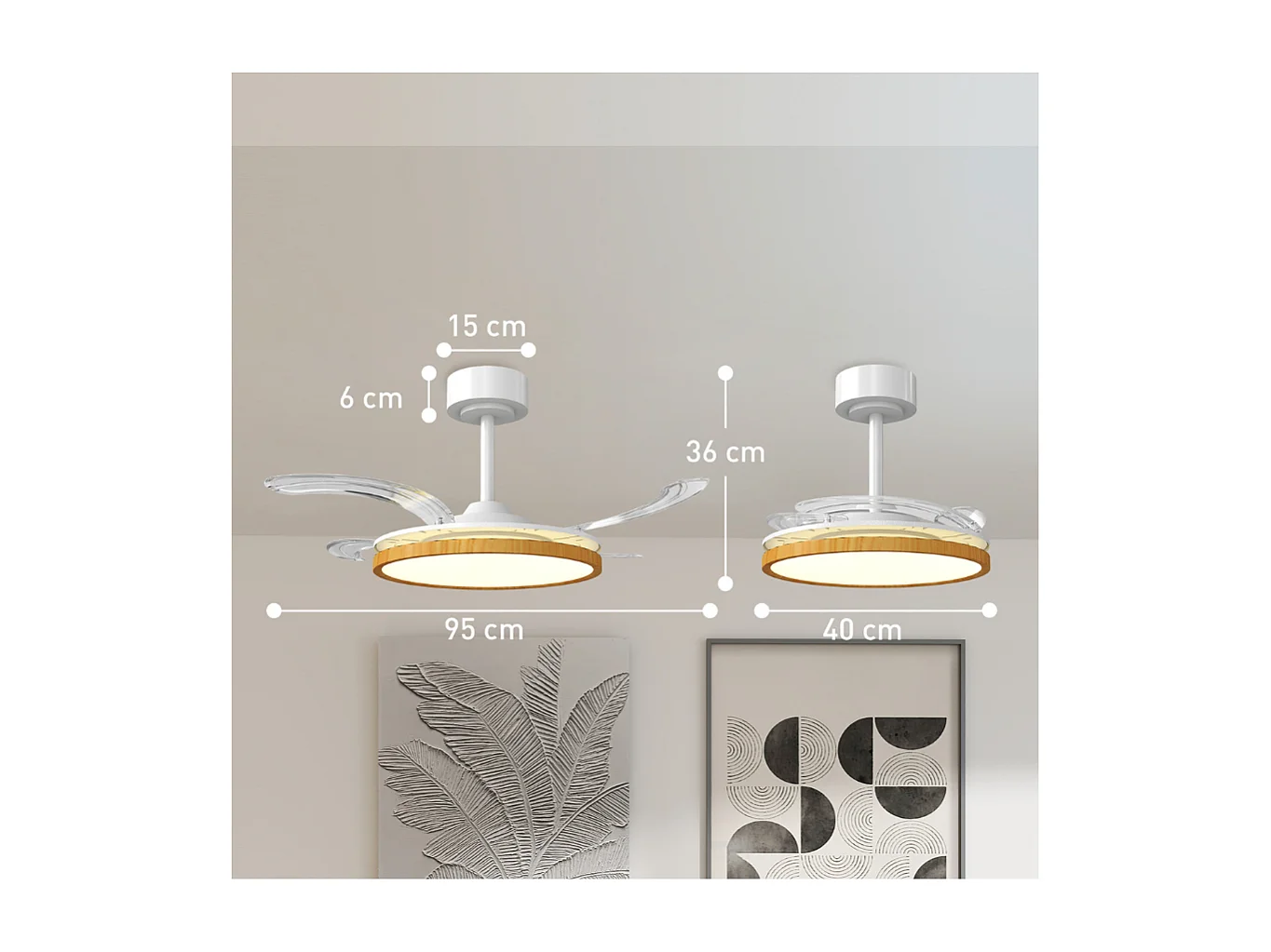 Ventilateur de plafond avec lumière et télécommande, plafonnier ventilateur 95 cm avec pales rétractables, bois naturel