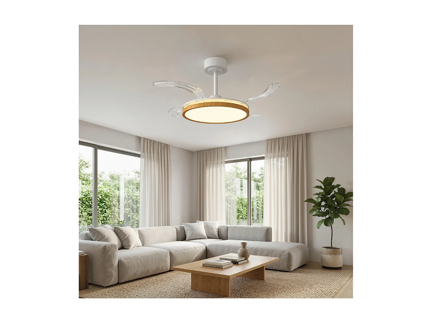 Ventilateur de plafond avec lumière et télécommande, plafonnier ventilateur 95 cm avec pales rétractables, bois naturel