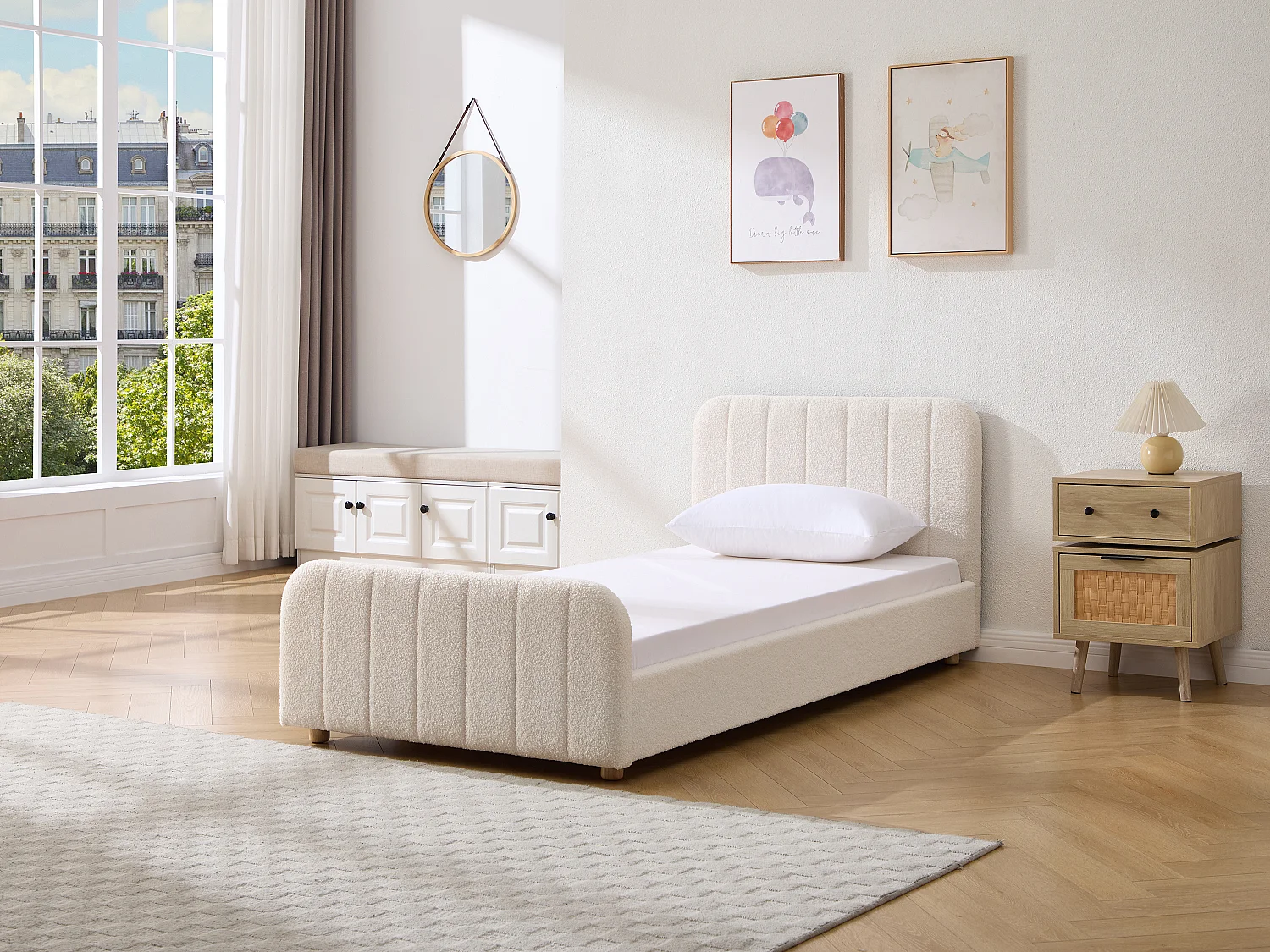Lit 90 x 190 cm - Tissu bouclette avec coutures verticales - Blanc + Matelas - ROGADI