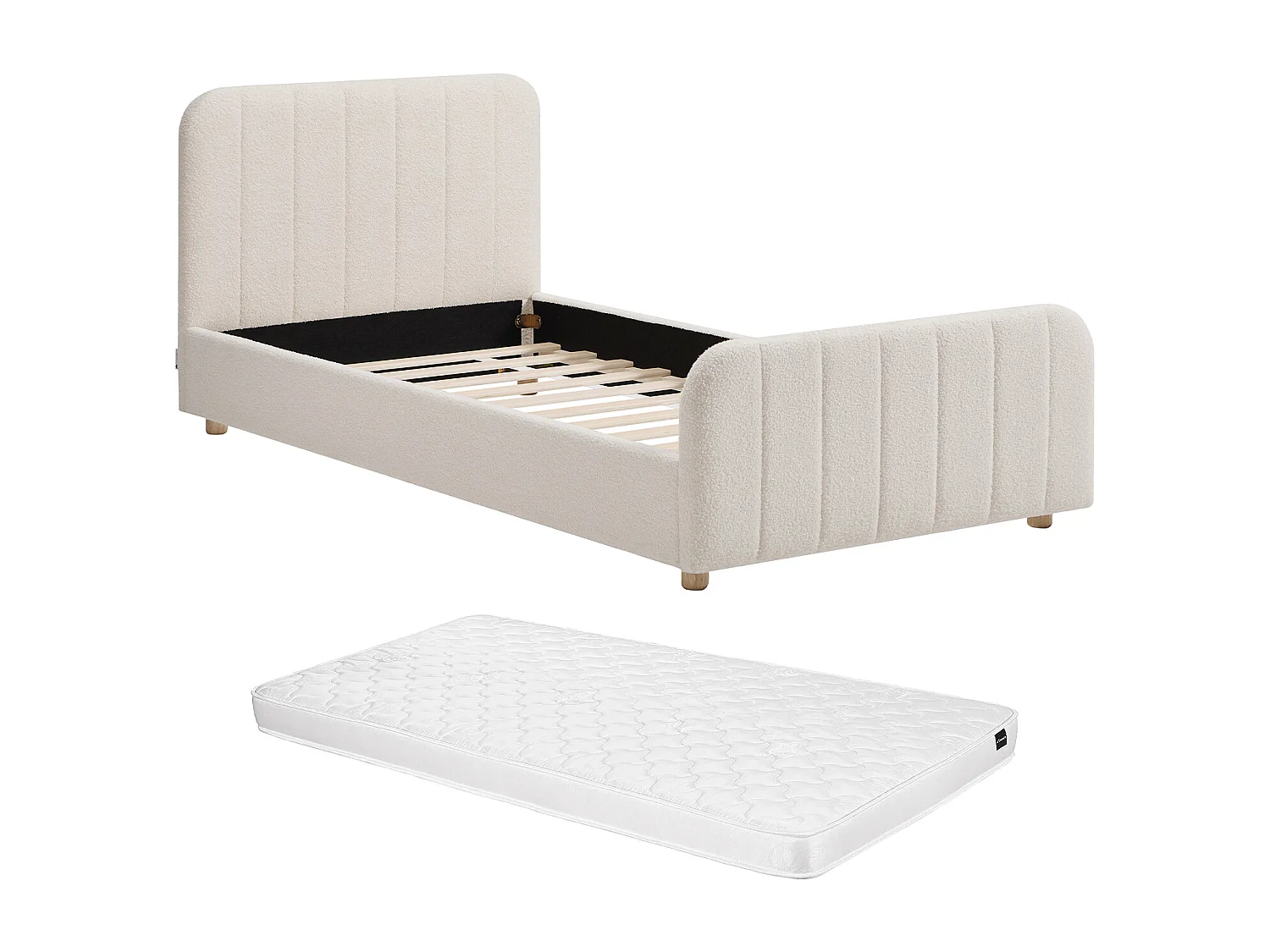 Lit 90 x 190 cm - Tissu bouclette avec coutures verticales - Blanc + Matelas - ROGADI