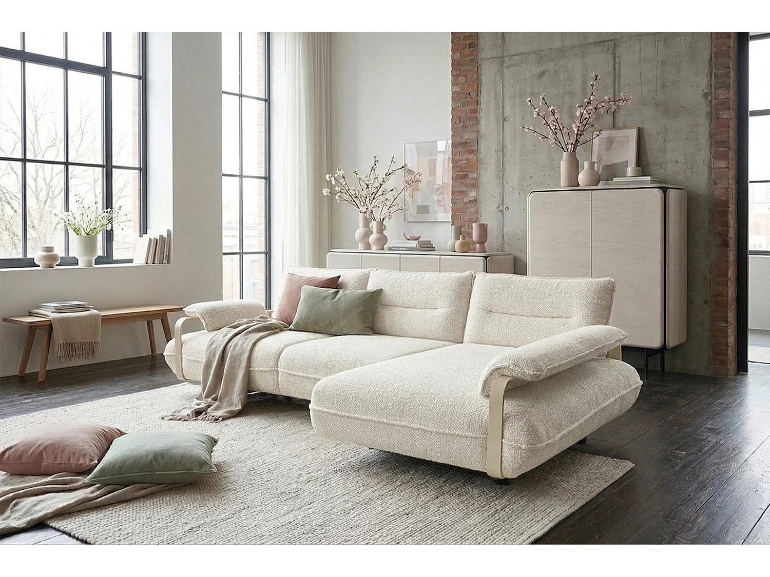Ecksofa - Cremeweiß Flachgewebe - ANISSA
