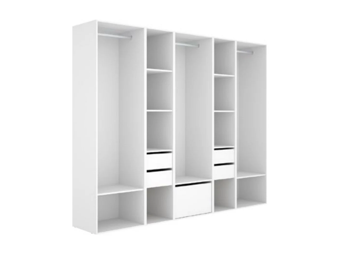 Armario vestidor Suit 3 barras con 4 cajones y zapatero blanco/natural 205x256x45 cm