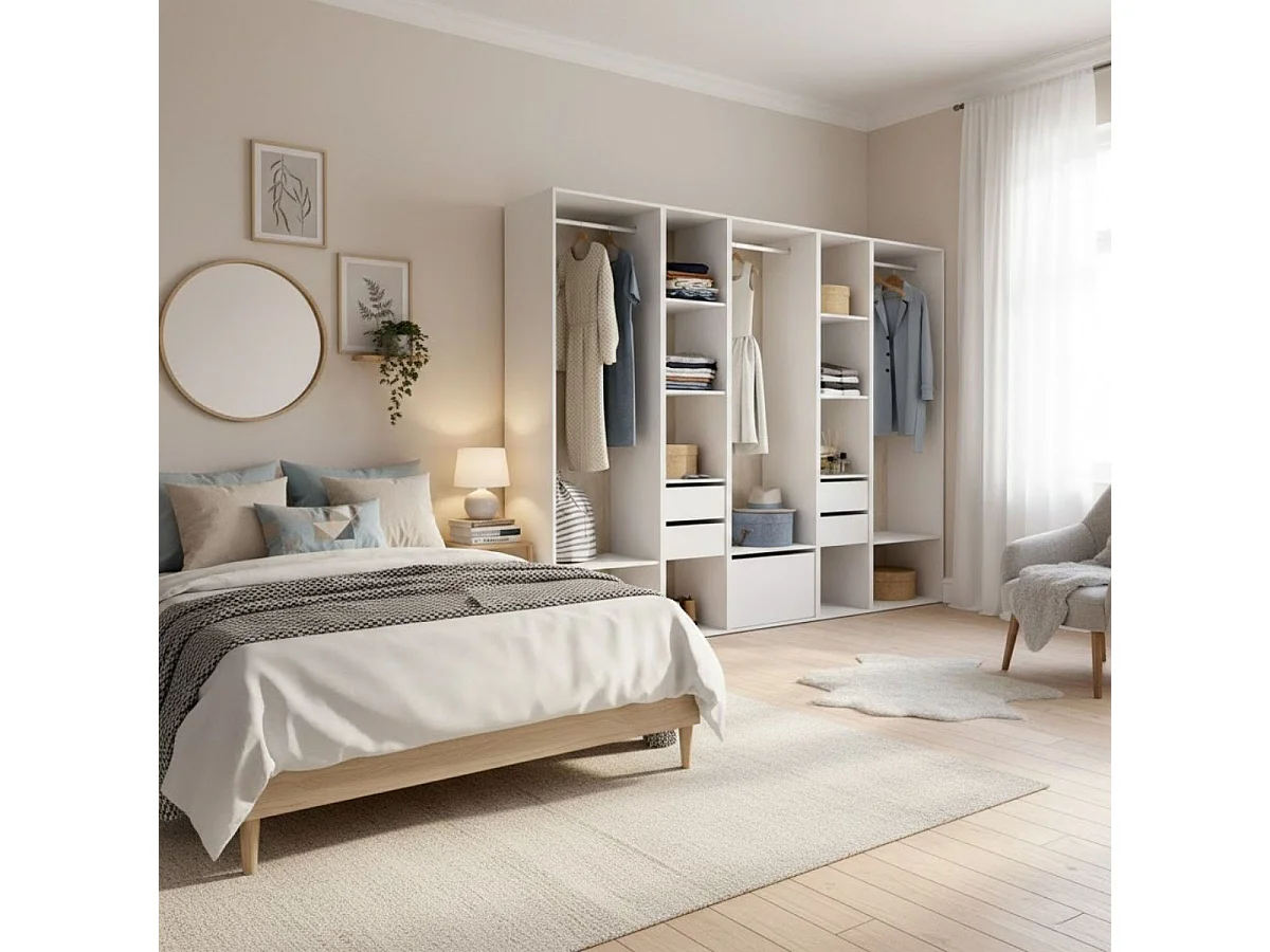 Armario vestidor Suit 3 barras con 4 cajones y zapatero blanco/natural 205x256x45 cm