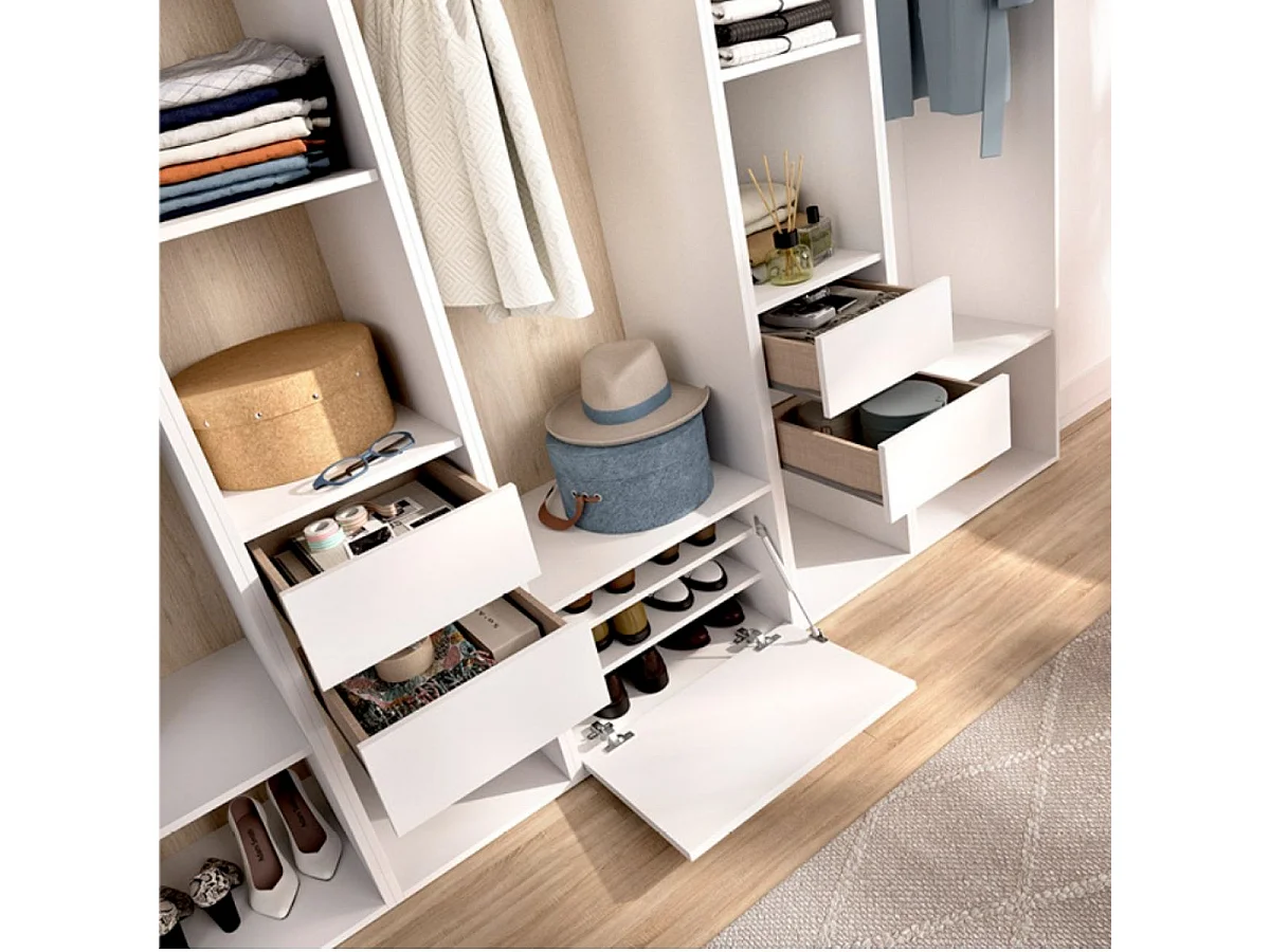 Armario vestidor Suit 3 barras con 4 cajones y zapatero blanco/natural 205x256x45 cm