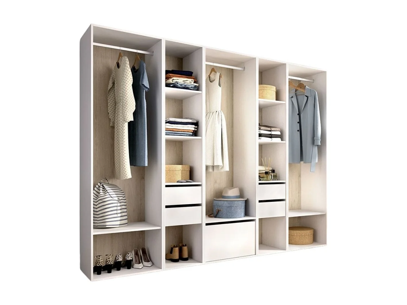 Armario vestidor Suit 3 barras con 4 cajones y zapatero blanco/natural 205x256x45 cm