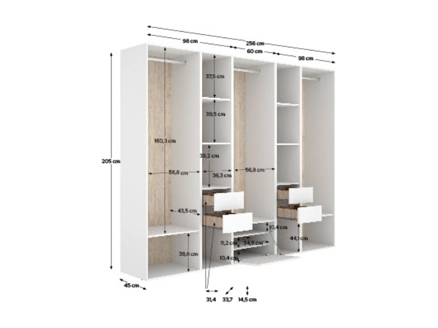 Armario vestidor Suit 3 barras con 4 cajones y zapatero blanco/natural 205x256x45 cm