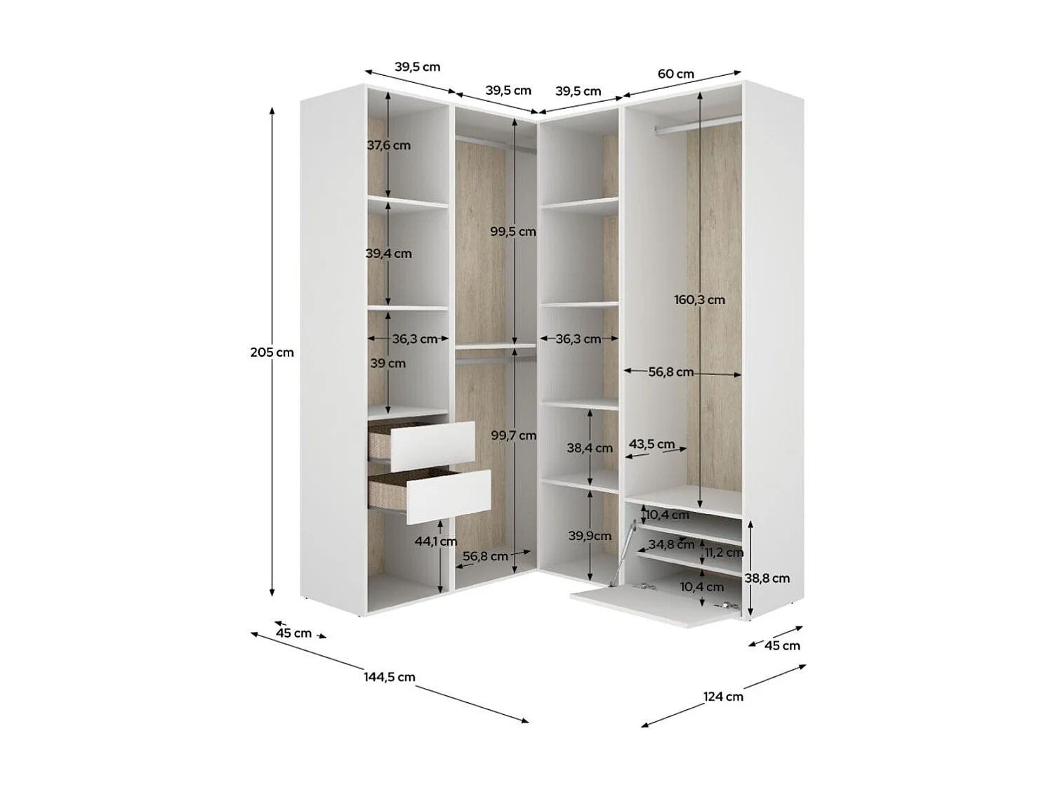 Armario vestidor Suit 3 barras con 2 cajones y zapatero blanco/natural 205x144,5x124 cm