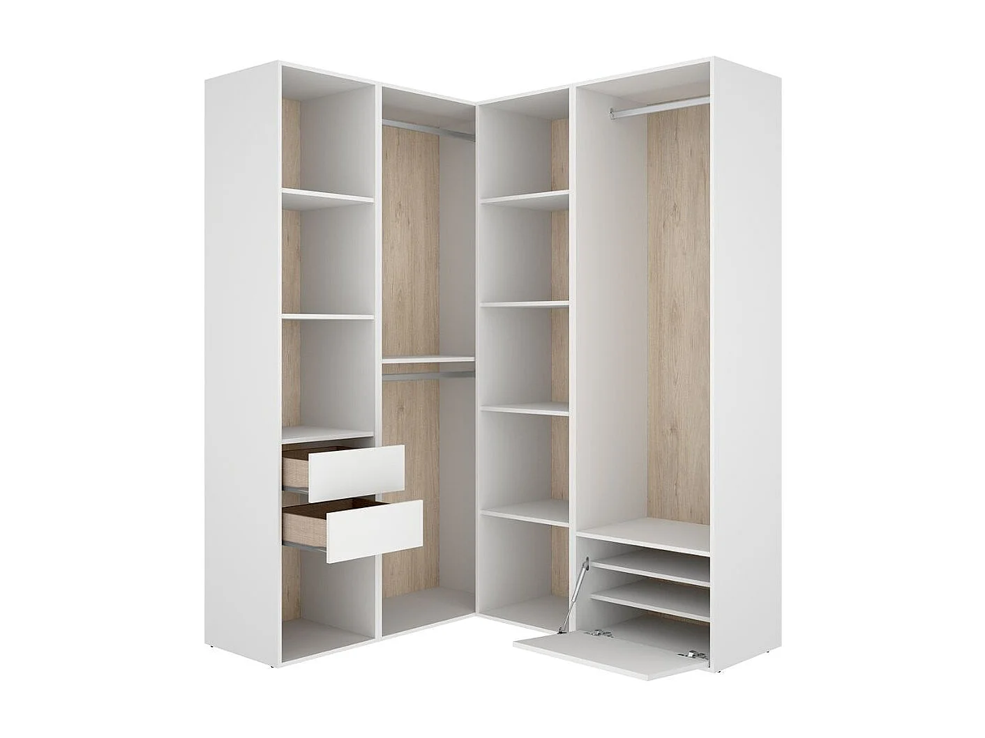 Armario vestidor Suit 3 barras con 2 cajones y zapatero blanco/natural 205x144,5x124 cm