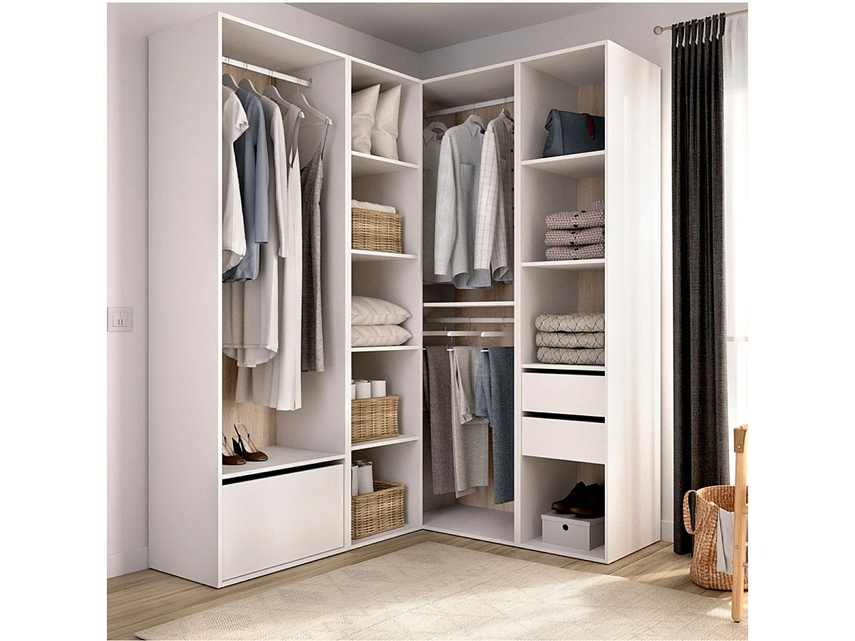 Armario vestidor Suit 3 barras con 2 cajones y zapatero blanco/natural 205x144,5x124 cm