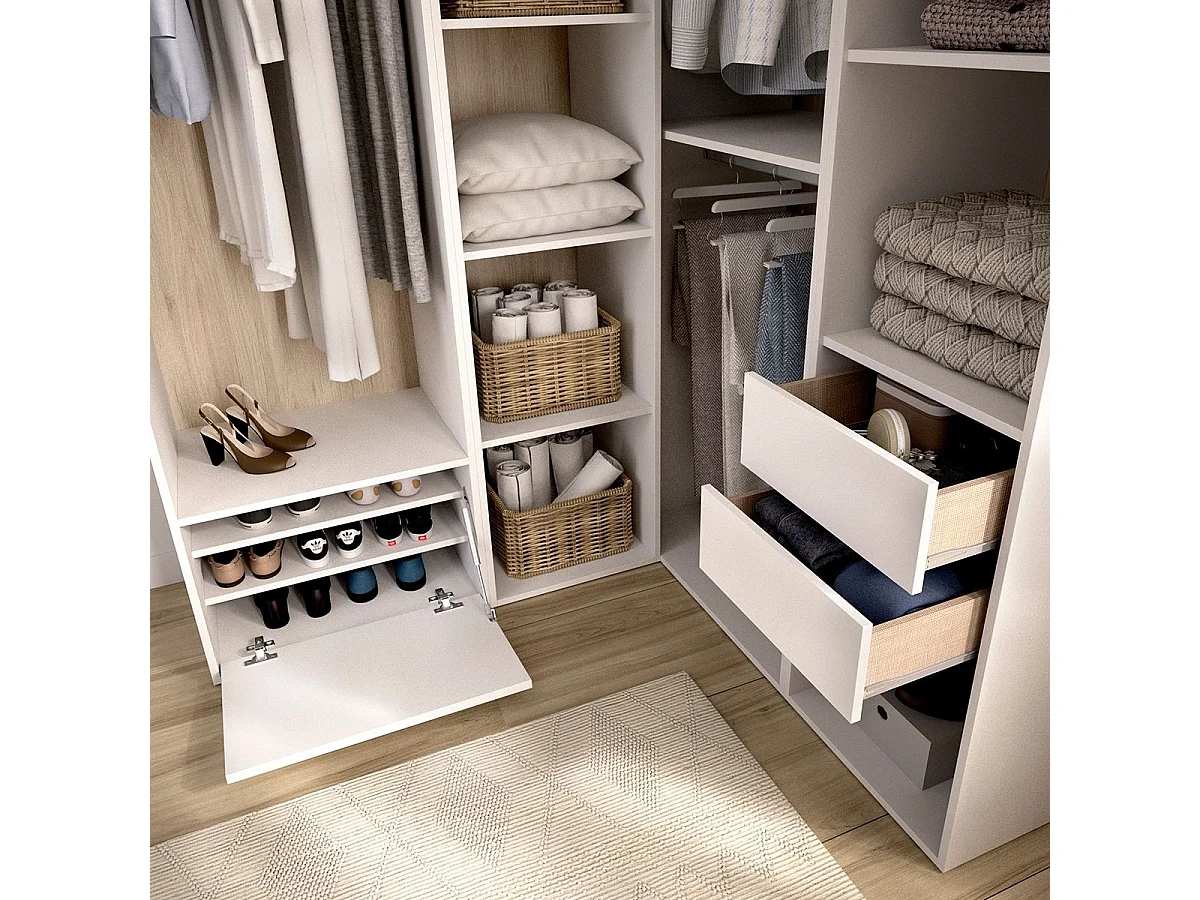 Armario vestidor Suit 3 barras con 2 cajones y zapatero blanco/natural 205x144,5x124 cm