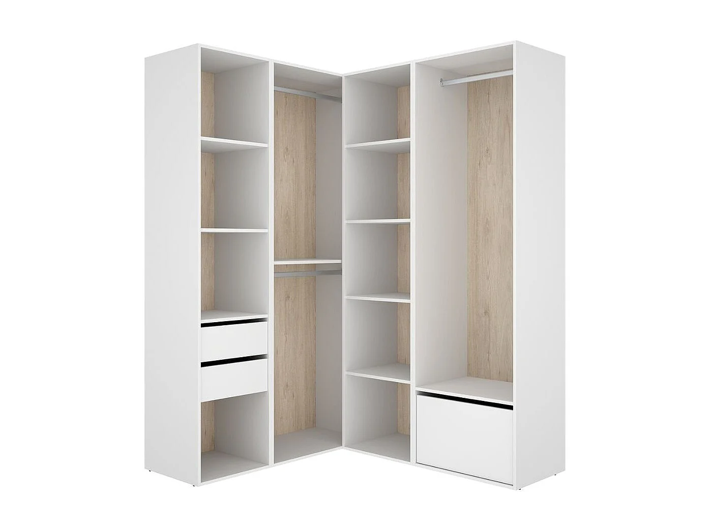 Armario vestidor Suit 3 barras con 2 cajones y zapatero blanco/natural 205x144,5x124 cm