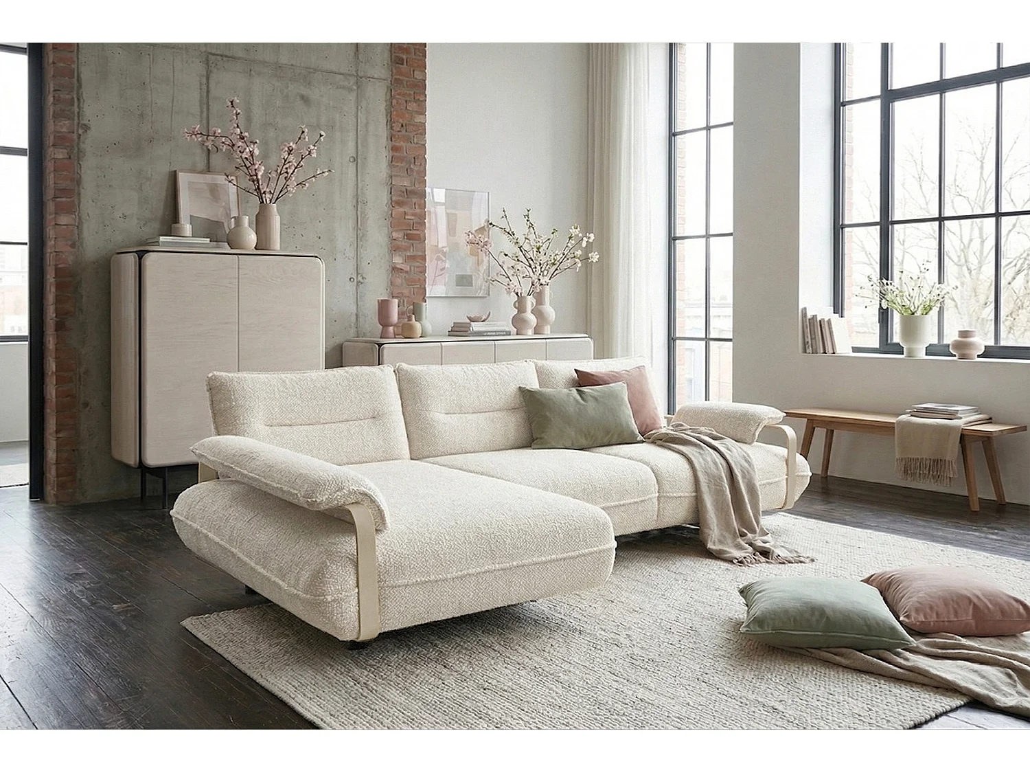 Ecksofa - Cremeweiß Flachgewebe - ANISSA