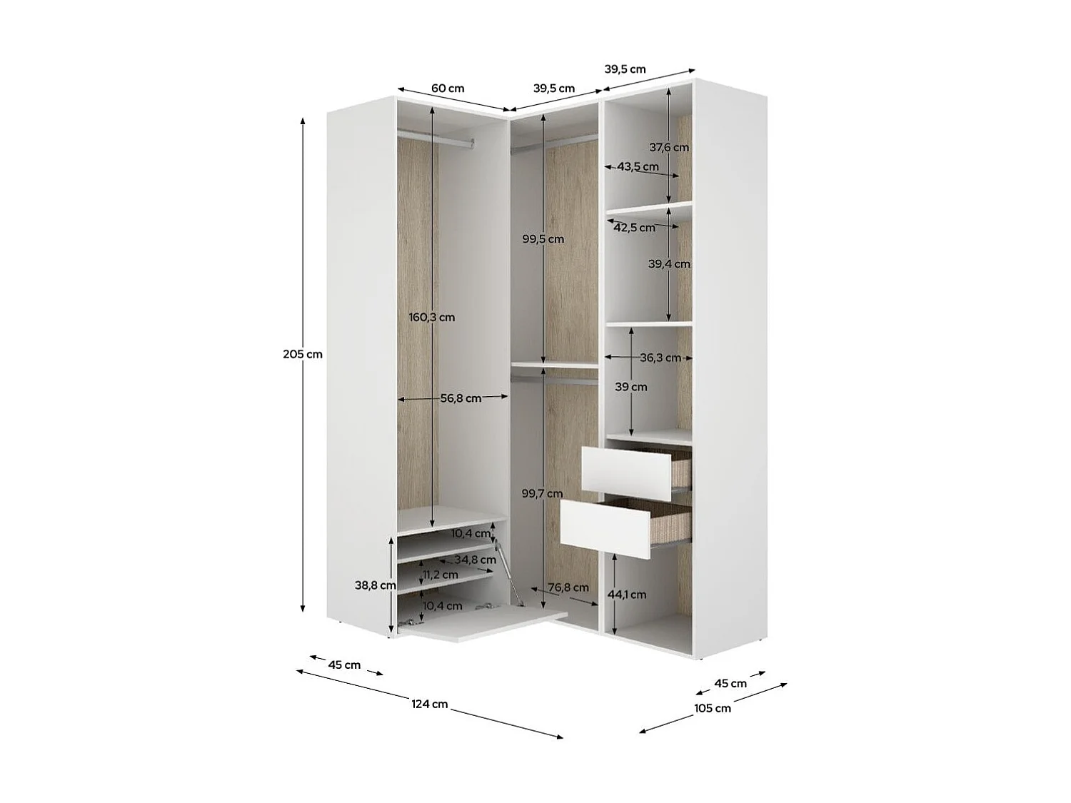 Armario vestidor Suit 3 barras con zapatero blanco/natural 205x124x105 cm