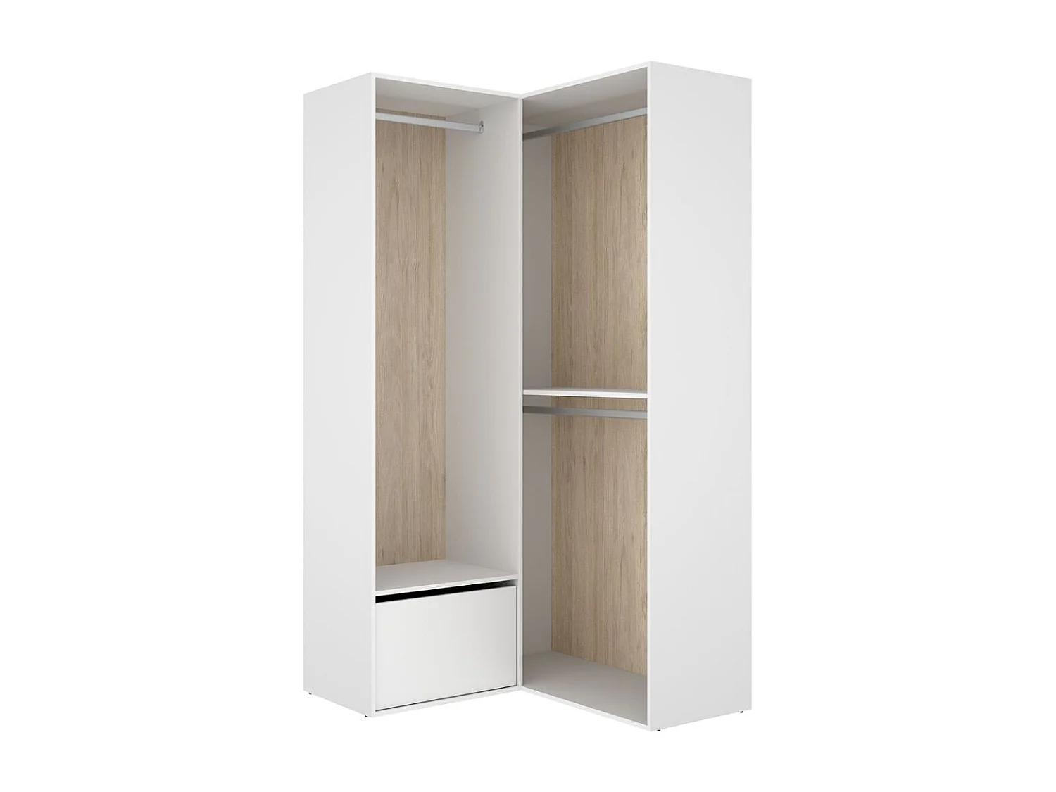 Armario vestidor Suit diseño esquinero con 3 barras y zapatero blanco/natural 205x105x104,5 cm