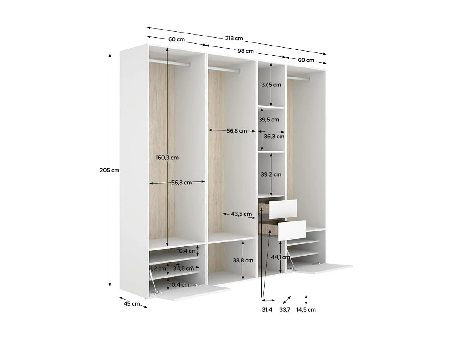 Armario vestidor Suit 3 barras con 2 cajones y 2 zapateros blanco/natural 205x218x45 cm