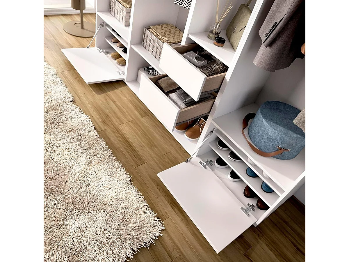 Armario vestidor Suit 3 barras con 2 cajones y 2 zapateros blanco/natural 205x218x45 cm